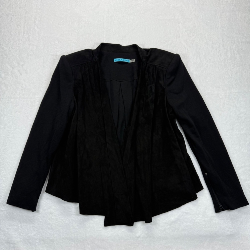 Alice‎ + Olivia Black Lamb Leather wool Combo Drape Front Jacket Blazer XS READ
